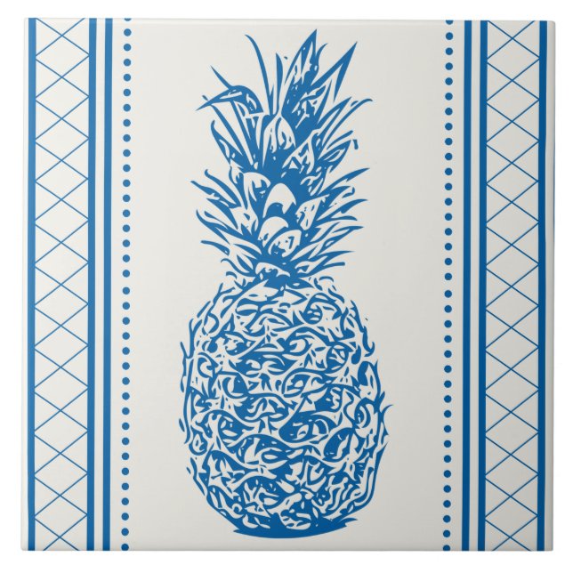 Blue and White Pineapple Silhouette Pattern Tile (Front)
