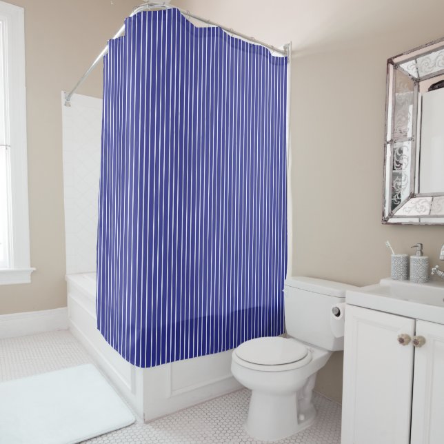 blue and white Pinstripe Nautical Striped Shower Curtain (In Situ)