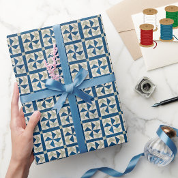Blue and White Pinwheel Pattern Patchwork Quilt Wrapping Paper