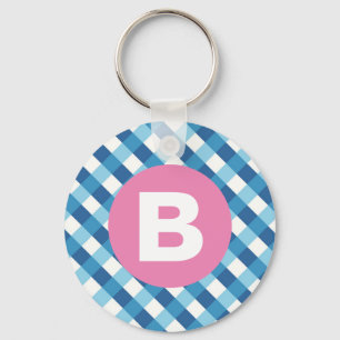 Blue and White Plaid Checked Pink Monogram Key Ring