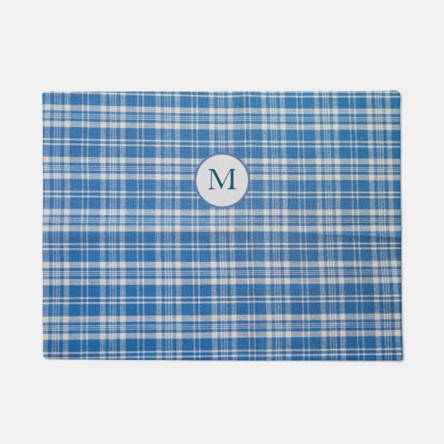 Blue and white plaid Door Mat (Front)