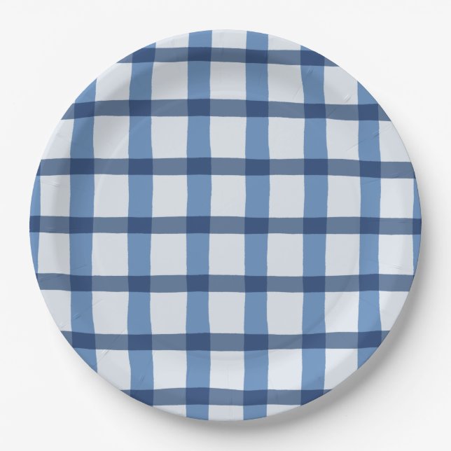 Blue and White Plaid Pattern Paper Plate (Front)
