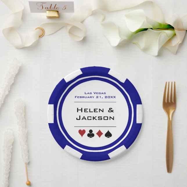 Blue and White Poker Chip Las Vegas Wedding Paper Plate (Wedding)