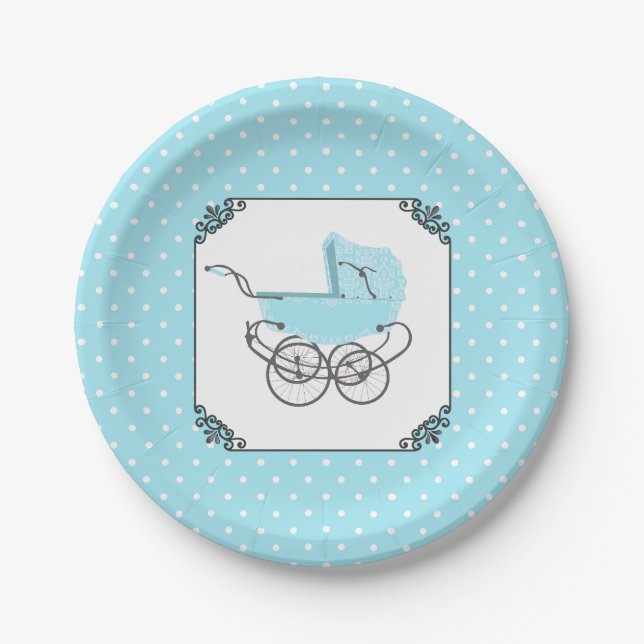 Blue and White Polka Dot Baby Shower Paper Plate (Front)