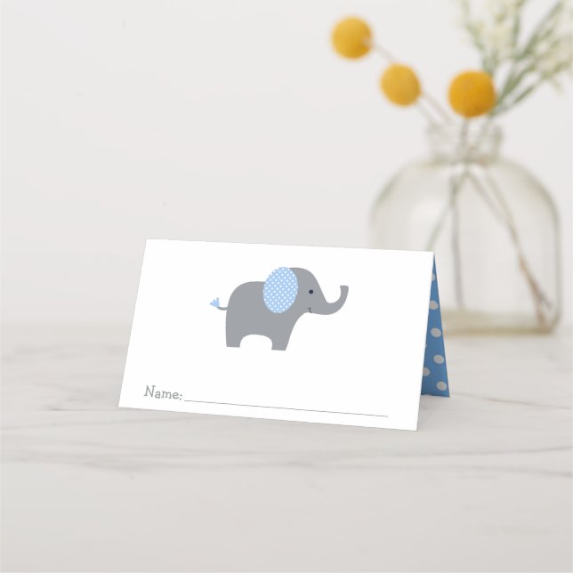Blue and White Polka Dot Elephant Baby Shower Place Card (Front)