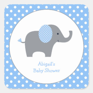Blue and White Polka Dot Elephant Baby Shower Squ Square Sticker