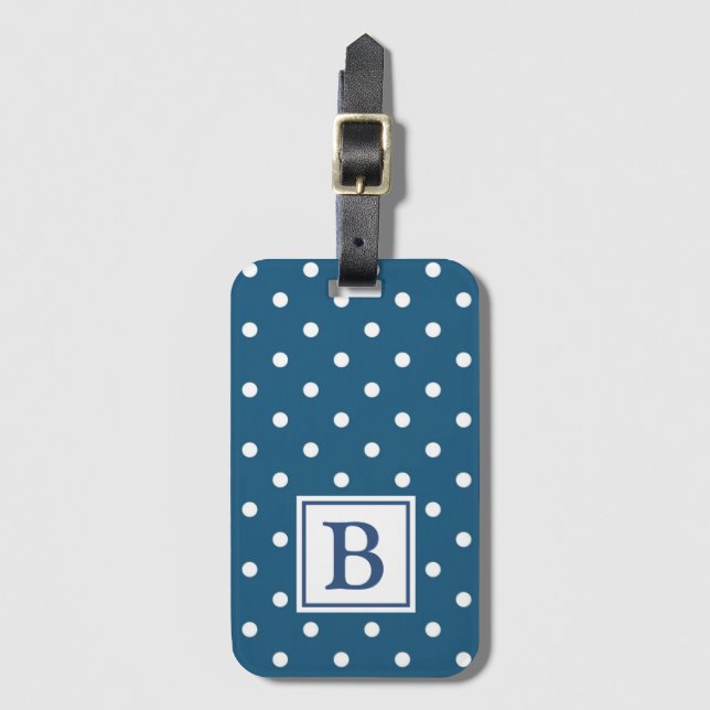 Blue and White Polka Dot Monogram Luggage Tag (Front Vertical)