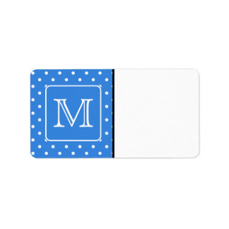 Blue and White Polka Dot Pattern Monogram. Custom. Label
