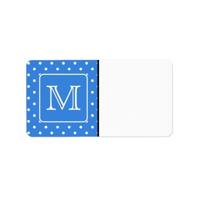 Blue and White Polka Dot Pattern Monogram. Custom. Label (Front)