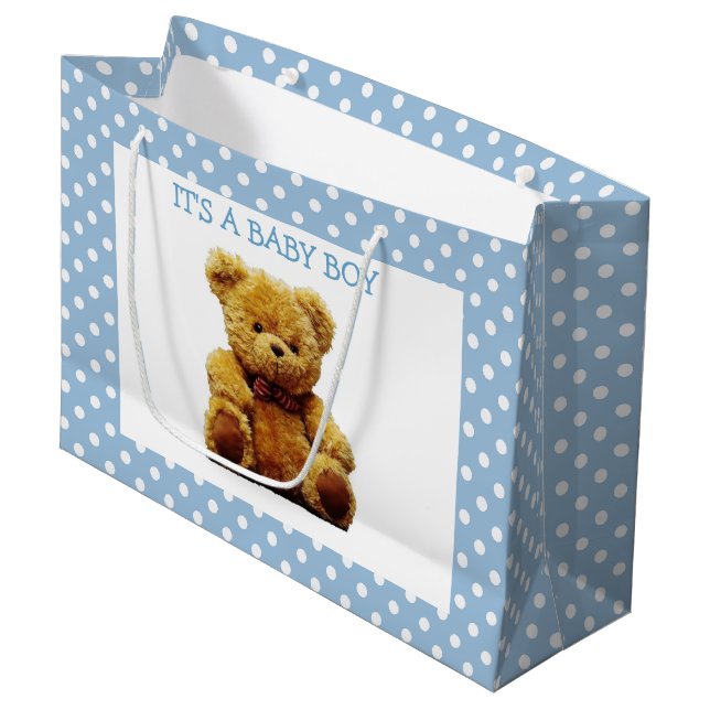Blue and white polka dot teddy bear  large gift bag (Front Angled)