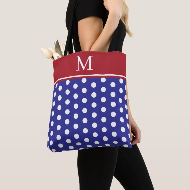 Blue and White Polka Dot With Red Monogram Tote Bag (Close Up)