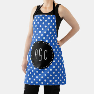 Blue and white polka dots with black monogram apron