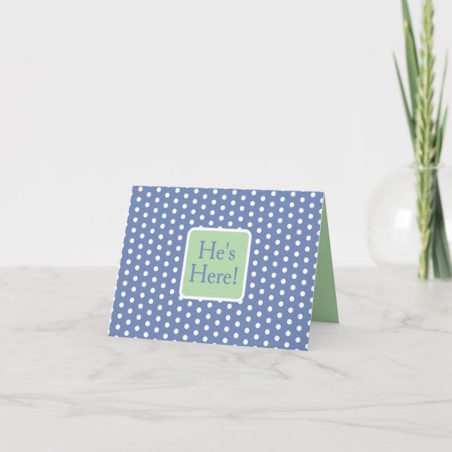 Blue and White Polka Dots With Green Monogram Note Card (Front)