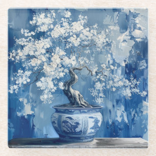 Blue and White Porcelain China Chinoiserie Cherry  Glass Coaster