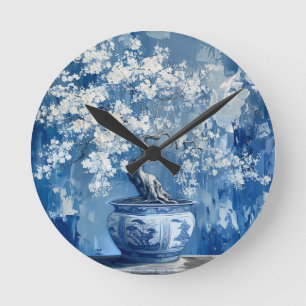 Blue and White Porcelain China Chinoiserie Cherry  Round Clock
