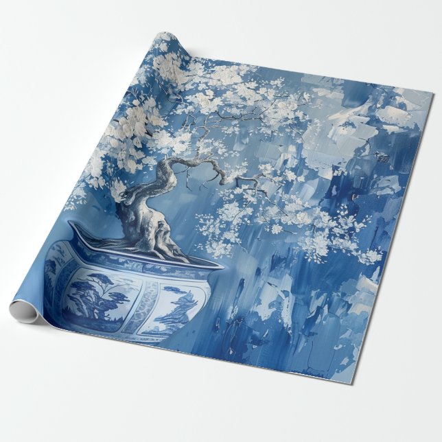 Blue and White Porcelain China Chinoiserie Cherry  Wrapping Paper (Unrolled)