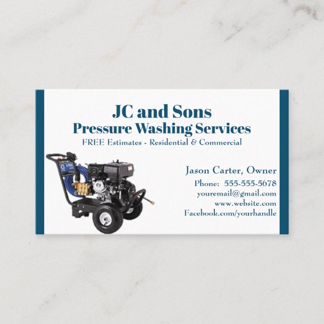 Blue and White Pressure Washing Company Business Card (Front)