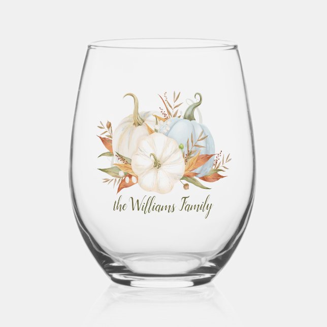 Blue and White Pumpkin Still Life Stemless Wine Glass (Front)