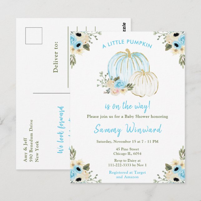 Blue and White Pumpkins Baby Shower Postcard (Front/Back)