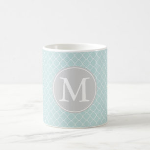 Blue and White Quatrefoil Pattern Monogram Coffee Mug