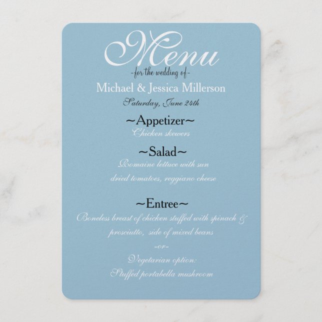 Blue and White Quatrefoil Wedding Menu (Front)