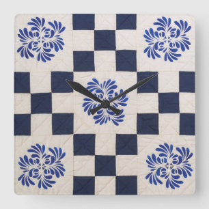 Blue and white quilt square wall clock