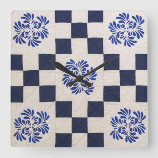 Blue and white quilt square wall clock