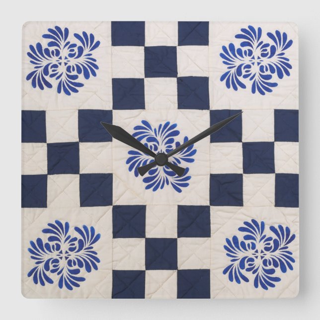 Blue and white quilt square wall clock (Front)