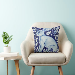Blue and White Rabbit Accent Pillow Decor Cobalt