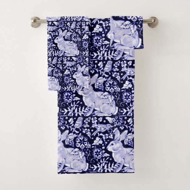 Blue and White Rabbit Bird Bath Towel Set Dedham (Insitu)