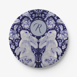 Blue and White Rabbit Bunny Birds Initial Easter Paper Plate