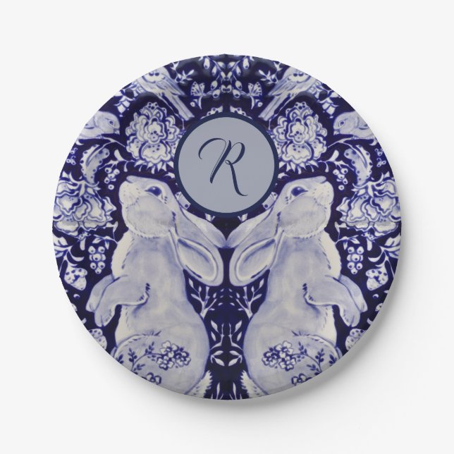 Blue and White Rabbit Bunny Birds Initial Easter Paper Plate (Front)