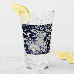 Blue and White Rabbit Bunny Family Floral Easter Glass