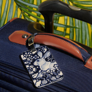 Blue and White Rabbit Bunny Floral Woodland Nature Luggage Tag