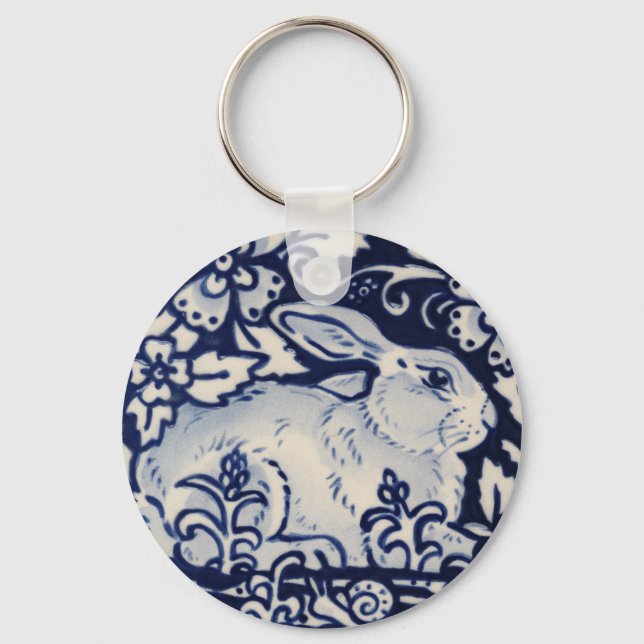 Blue and White Rabbit Bunny Floral Woodland Snail Key Ring (Front)