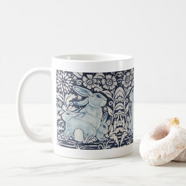 Blue and White Rabbit Family Floral Scroll Bunny Coffee Mug (With Donut)