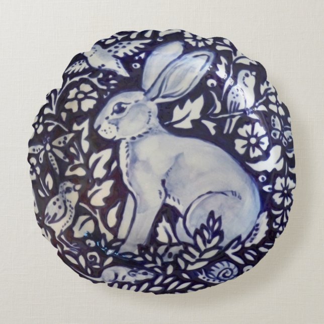 Blue and White Rabbit Hare Bird Mouse Snail Pillow (Front)