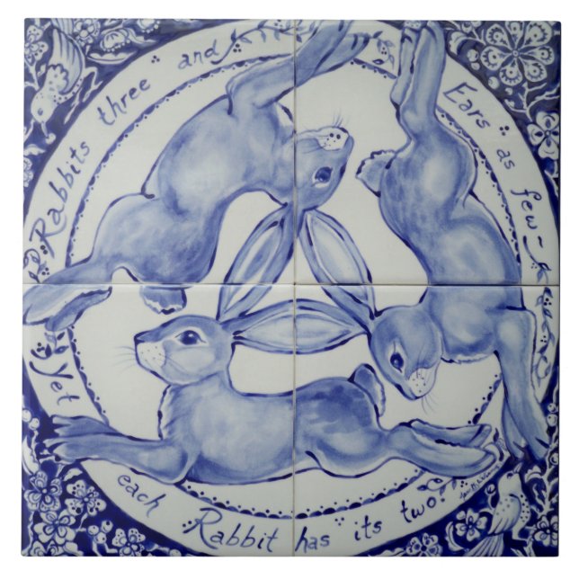 Blue and White Rabbit Hare Trio Bird Tile Trivet (Front)
