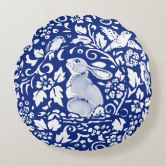 Blue and White Rabbit Pottery Look Round Pillow