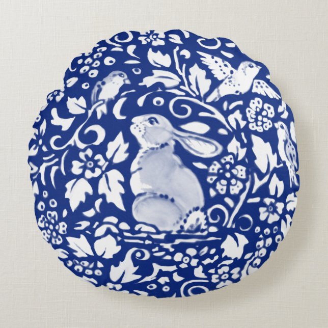 Blue and White Rabbit Pottery Look Round Pillow (Front)