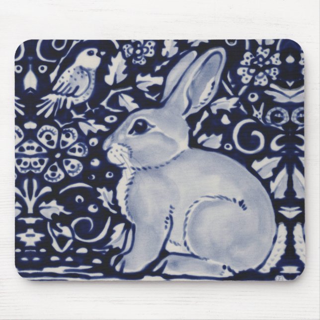 Blue and White Rabbit with Bird Tile Design Mouse  Mat (Front)