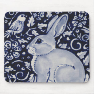 Blue and White Rabbit with Bird Tile Design Mouse Mouse Mat