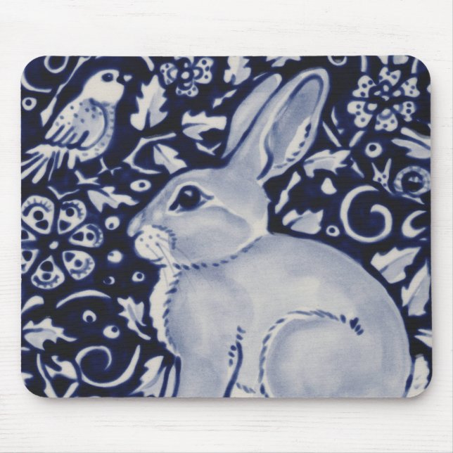 Blue and White Rabbit with Bird Tile Design Mouse  Mouse Mat (Front)