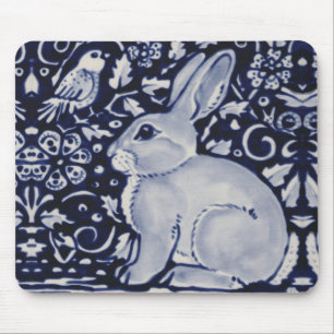 Blue and White Rabbit with Bird Tile Design Mouse Mouse Mat