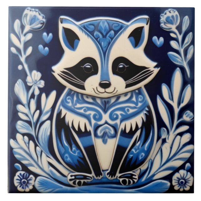 Blue and White Racoon Folk Art Tile (Front)