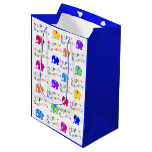Blue and White Rainbow Cartoon Elephants Birthday Medium Gift Bag