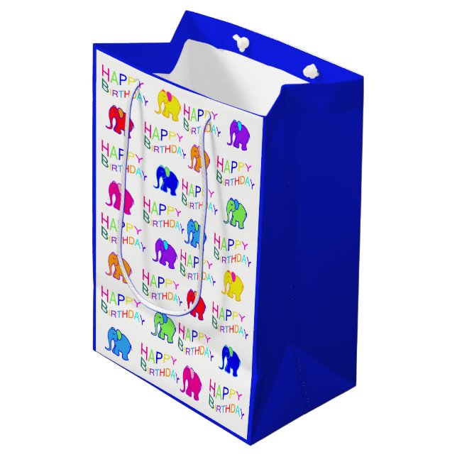 Blue and White Rainbow Cartoon Elephants Birthday Medium Gift Bag (Front Angled)