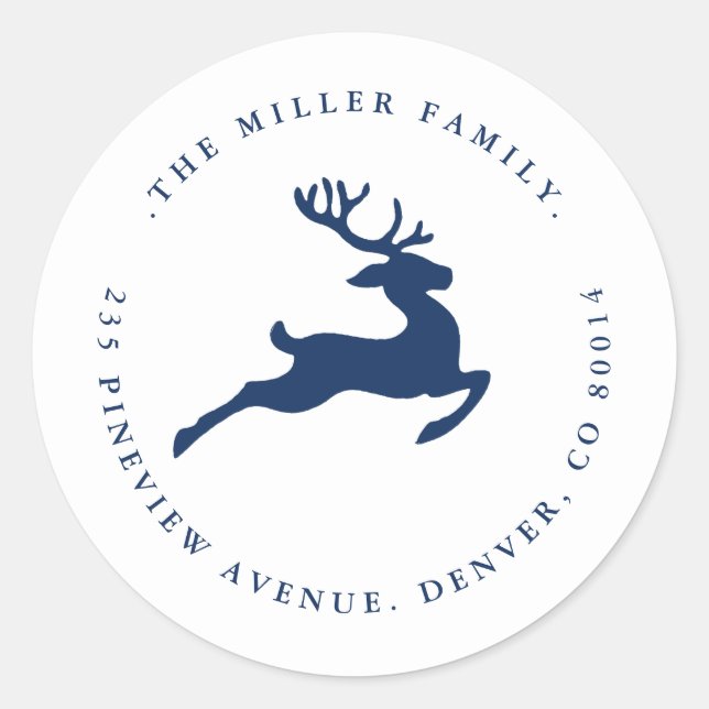 Blue and white Reindeer Holiday Seal / Address  (Front)