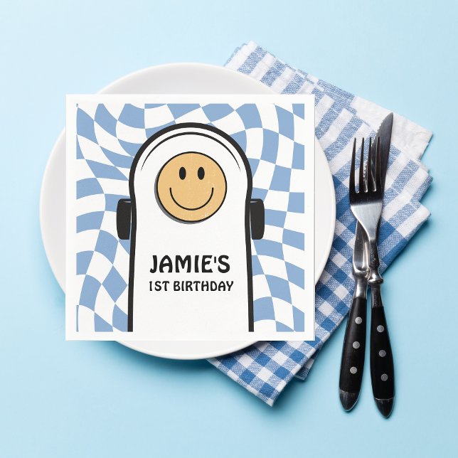 Blue and White Retro Chequered Birthday Boy Napkin (first birthday personalized napkin one cool dude skateboard)