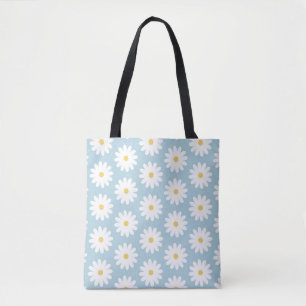 Blue and White Retro Vintage Daisy Pattern  Tote Bag